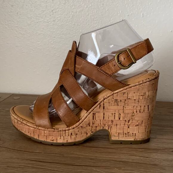 BORN Wedge Platform Sandal Bernese Cage Brown Leather Cork 9 US Buckle Slingback - Picture 4 of 15
